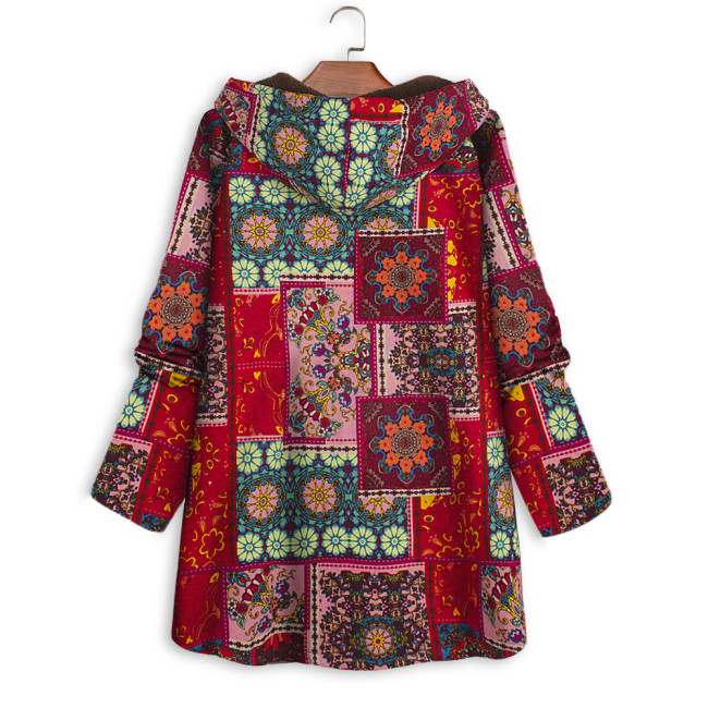 Womens Coat Vintage West Floral Print Red Hoodie Thick Fleece Jacket Coat Outerwear