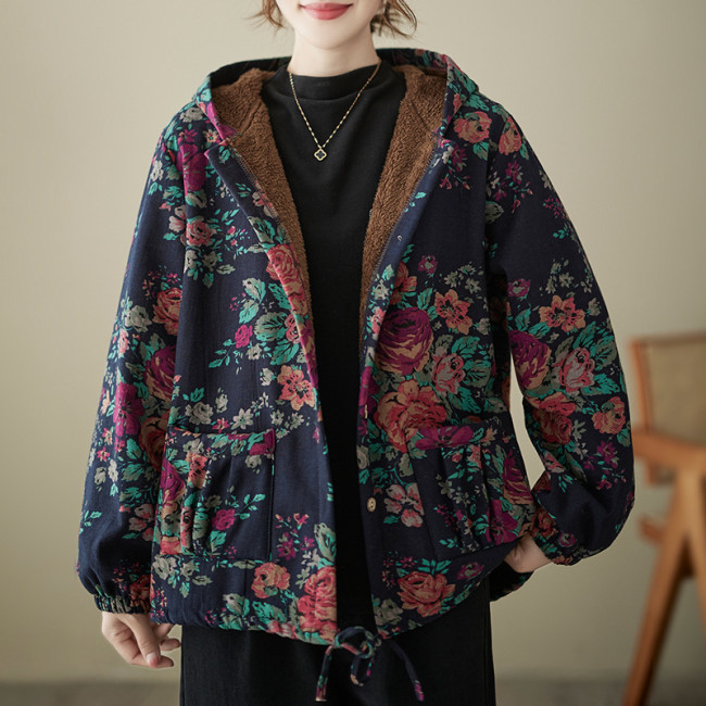 Womens Cotton Coat Floral Vintage Pattern Single-breasted Hoodie Coat Outerwear