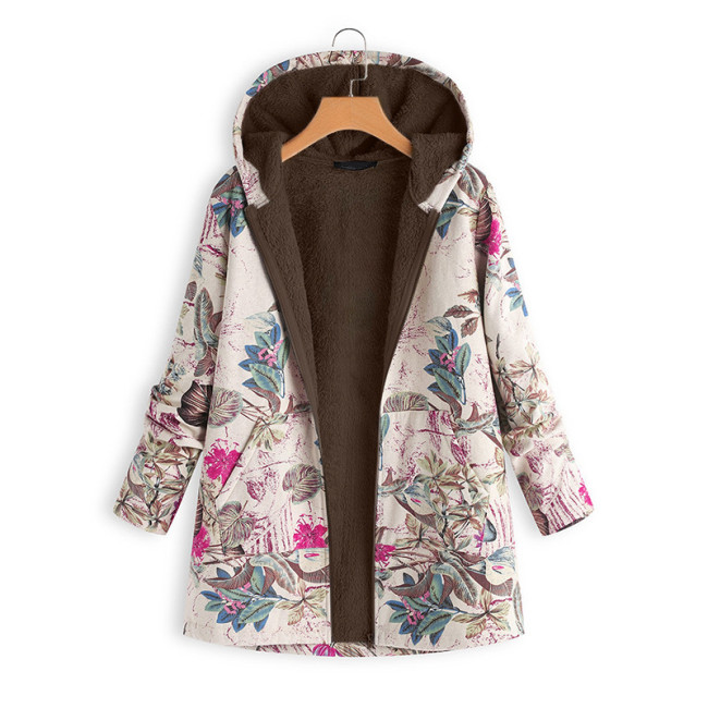 Womens Coat Vintage West Floral Print Hoodie Thick Fleece Jacket Cotton Linen Coat Outerwear