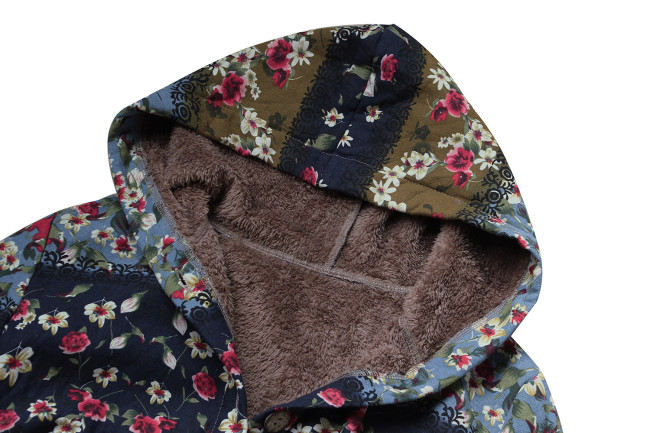 Womens Coat Vintage West Floral Print Hoodie Thick Fleece Jacket Coat Outerwear
