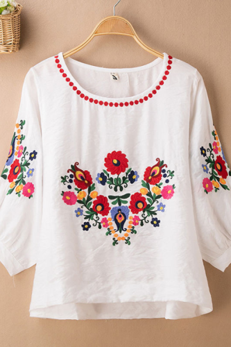 Embroidery Floral Blouse for Women Crew Neck Mid Sleeve Cotton Linen Blouse