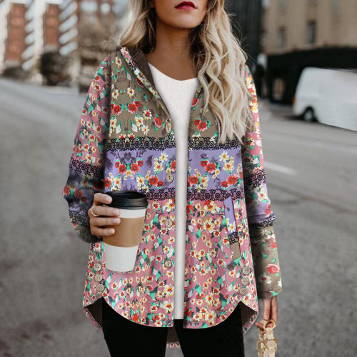 Womens Coat Vintage West Floral Print Hoodie Thick Fleece Jacket Coat Outerwear