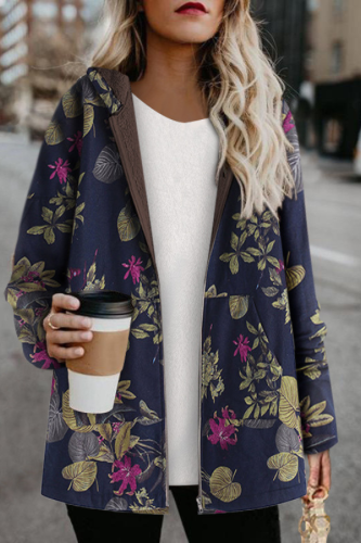Womens Coat Vintage West Floral Print Hoodie Thick Fleece Jacket Cotton Linen Coat Outerwear