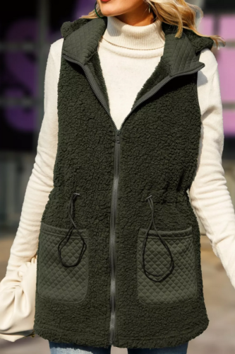 Womens Hooded Vest Sleeveless Zipper Solid Color Adjustable Waist Fleece Vest