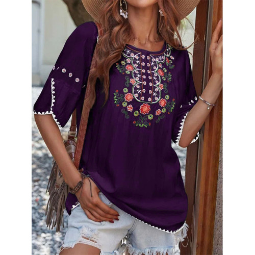 Womens Tribal Shirts Western Floral Print Crew Neck Top