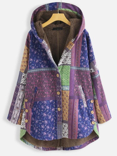 Womens Coat Vintage West Floral Patchwork Print Hoodie Thick Fleece Jacket Cotton Linen Coat Outerwear