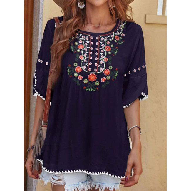 Womens Tribal Shirts Western Floral Print Crew Neck Top