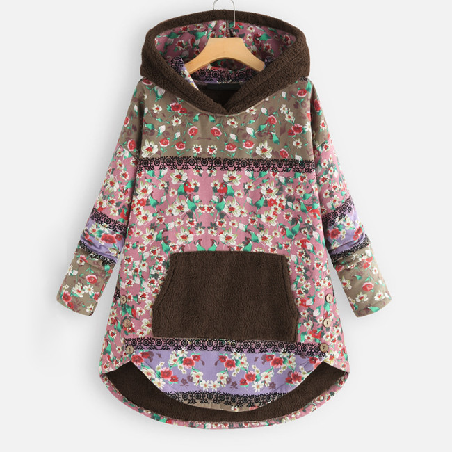 Womens Vintage West Floral Print Hoodie Thick Fleece Cotton Linen Coat Outerwear