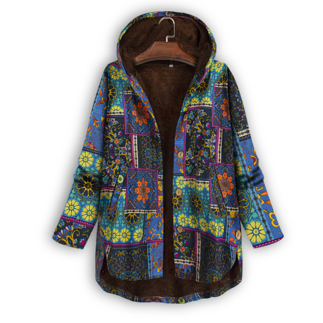 Womens Blue Coat Vintage West Floral Print Hoodie Thick Fleece Jacket Cotton Linen Coat Outerwear