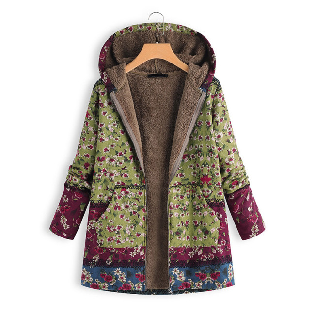 Womens Coat Vintage West Floral Print Hoodie Thick Fleece Jacket Cotton Linen Coat Outerwear