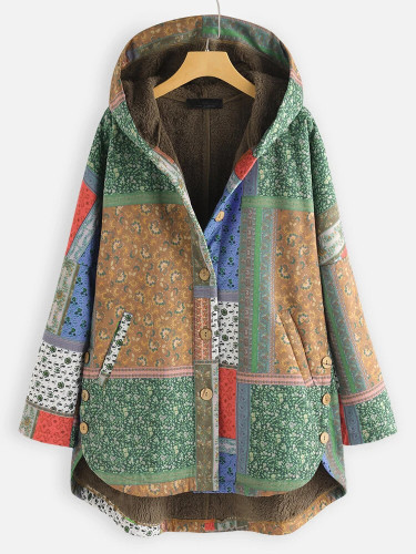 Womens Coat Vintage West Floral Patchwork Print Hoodie Thick Fleece Jacket Cotton Linen Coat Outerwear