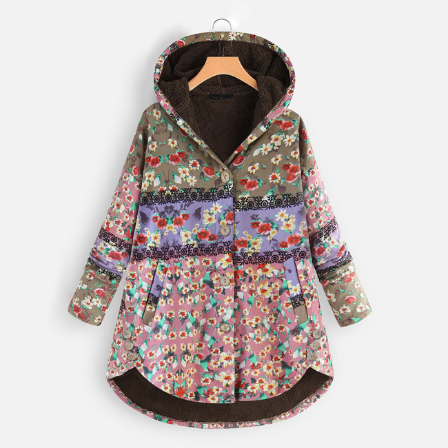 Womens Coat Vintage West Floral Print Hoodie Thick Fleece Jacket Coat Outerwear