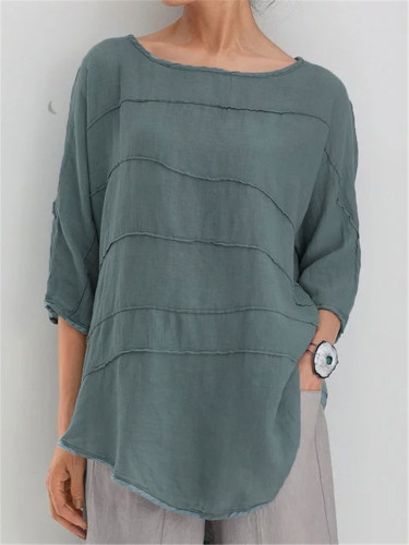 Women Round Neck Batwing Sleeve Stringy Selvedge Scoop Hem Blouse Solid Color