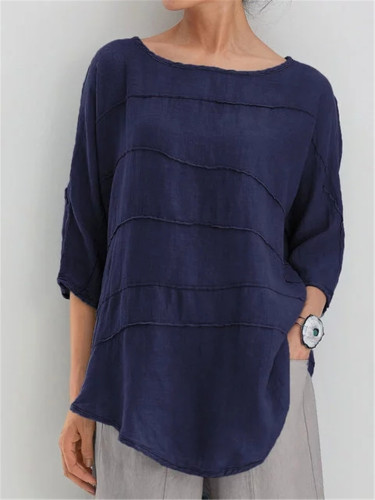 Women Round Neck Batwing Sleeve Stringy Selvedge Scoop Hem Blouse Solid Color