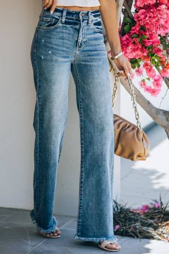 Womens Jeans Trouser Street Solid Patchwork High Waist Straight Denim Jeans