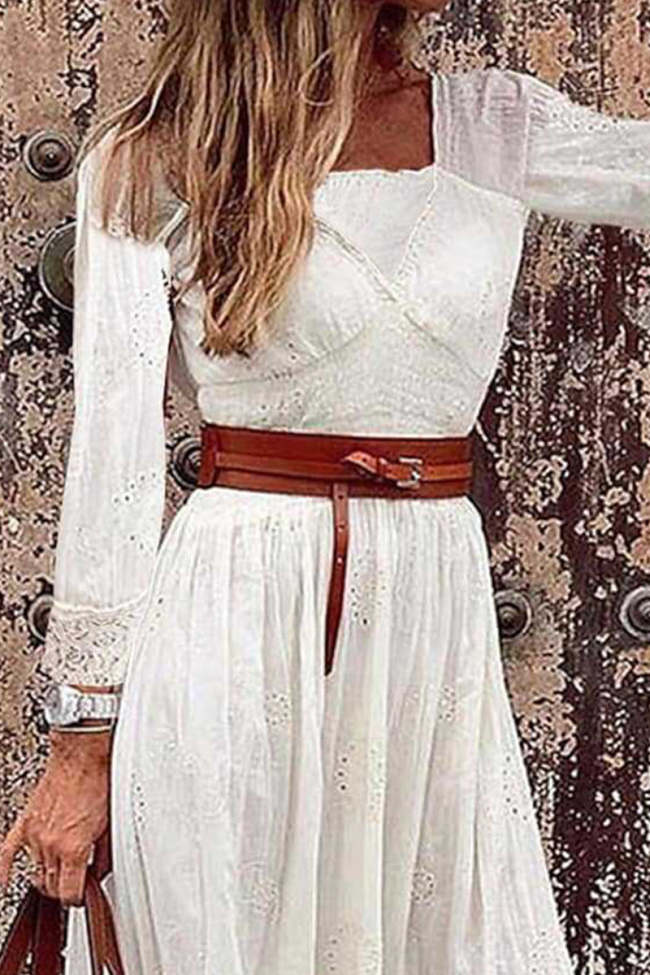 Sweet Elegant Solid With Belt Mesh Square Collar A Line Lace Dresses