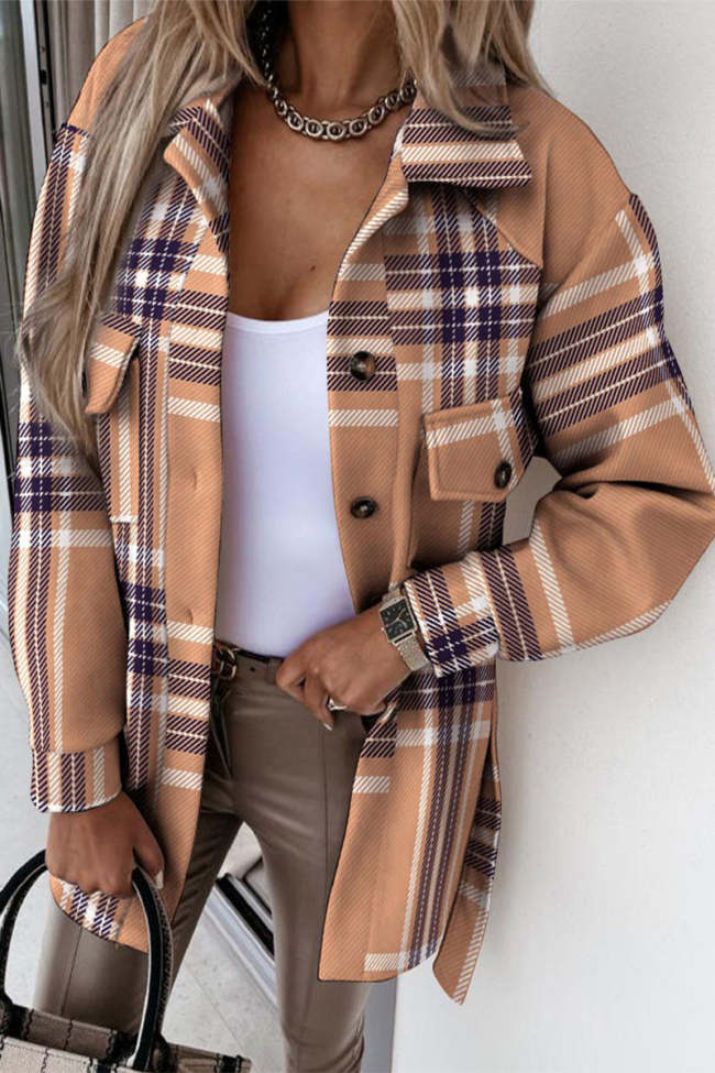 Womens Plaid Jacket Street Plaid With Belt Turndown Collar Outerwear(5 Colors)