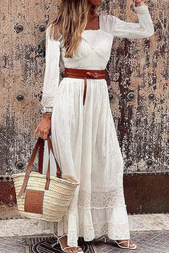Sweet Elegant Solid With Belt Mesh Square Collar A Line Lace Dresses