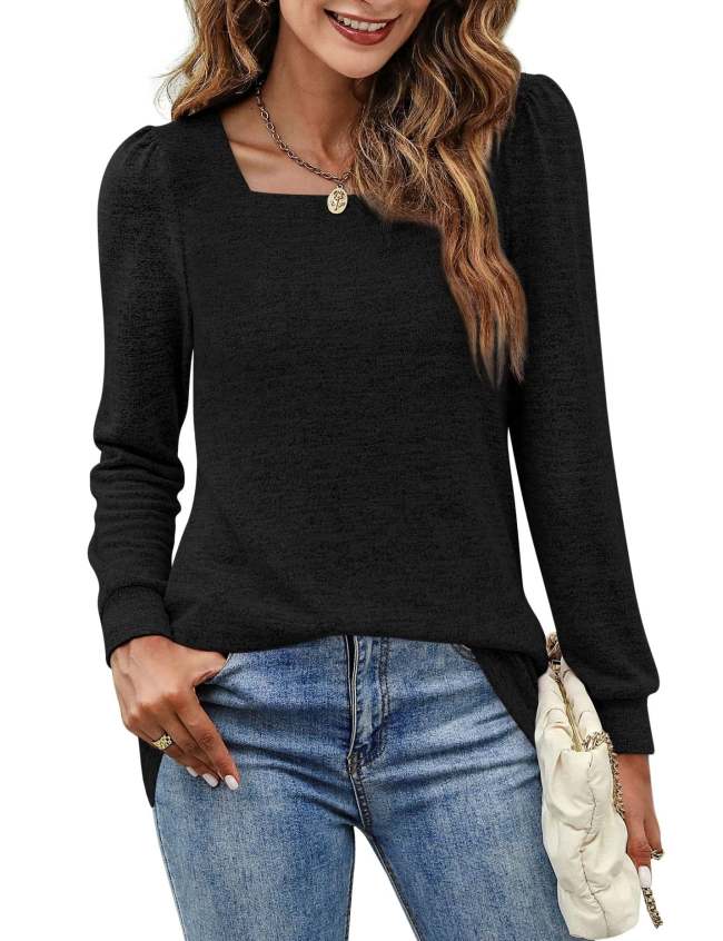 Womens Blouses U Neck Puff Sleeve Casual Blouse Top