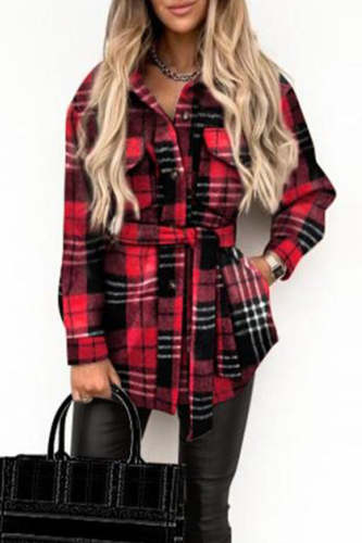Womens Plaid Jacket Street Plaid With Belt Turndown Collar Outerwear(5 Colors)