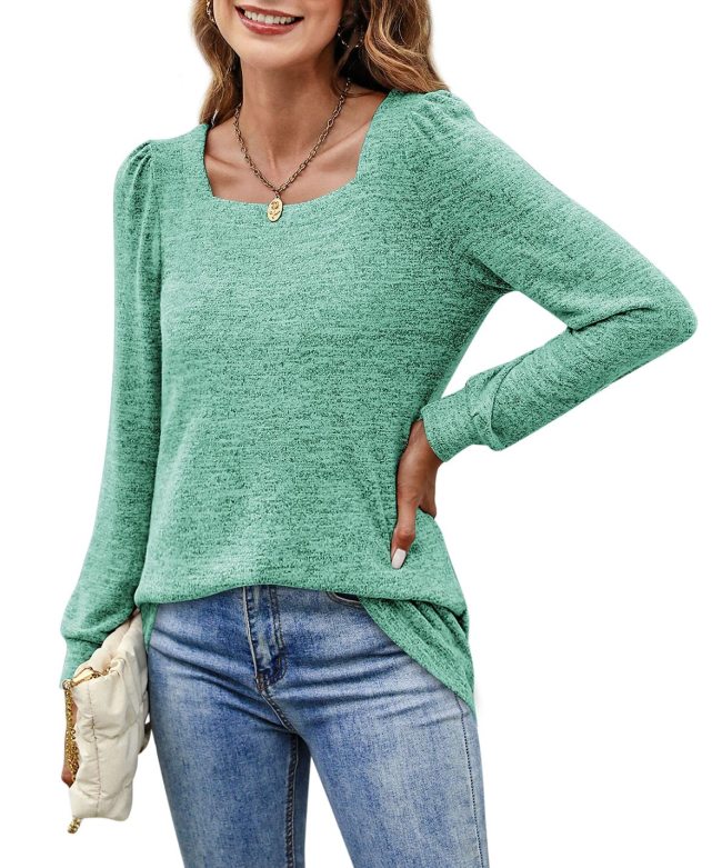 Womens Blouses U Neck Puff Sleeve Casual Blouse Top