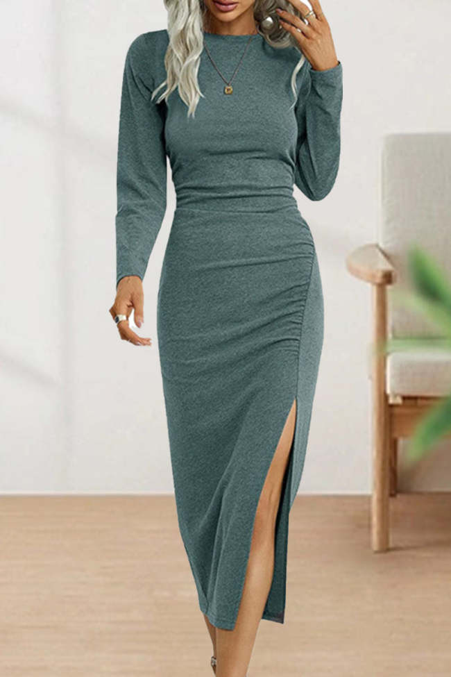 Sweet Elegant Solid Fold O Neck Sheath Dresses(4 Colors)