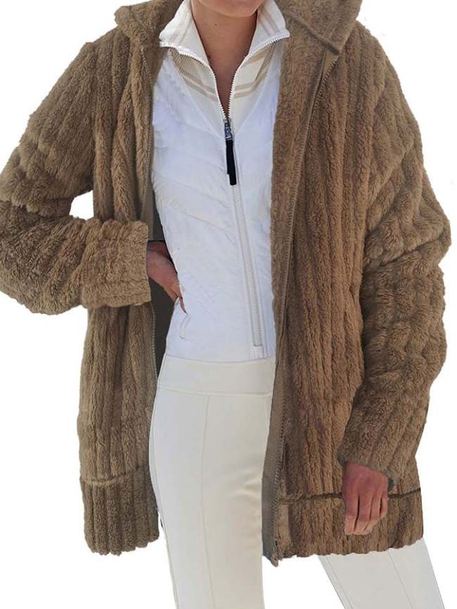 Womens Fleece Coat Warm Plush Solid Hooded Jacket