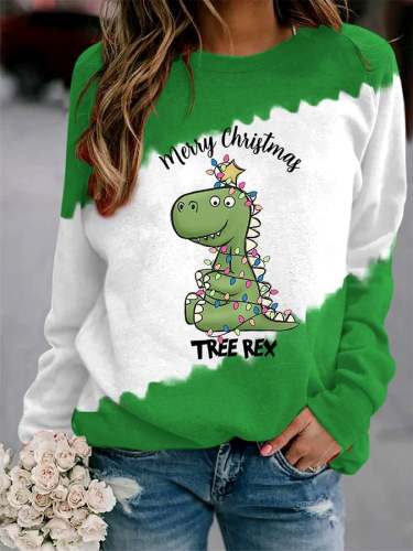 Women's Tyrannosaurus Rex Christmas Tree Rex Fun Print Long Sleeve Top