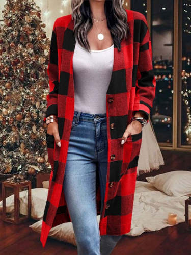 Women's Christmas Check Button Pocket Coat