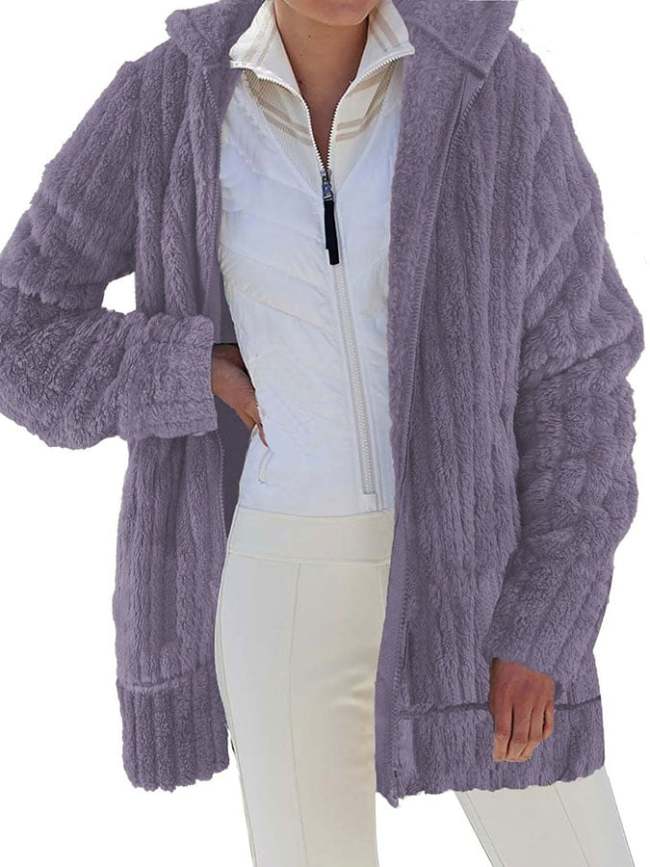 Womens Fleece Coat Warm Plush Solid Hooded Jacket