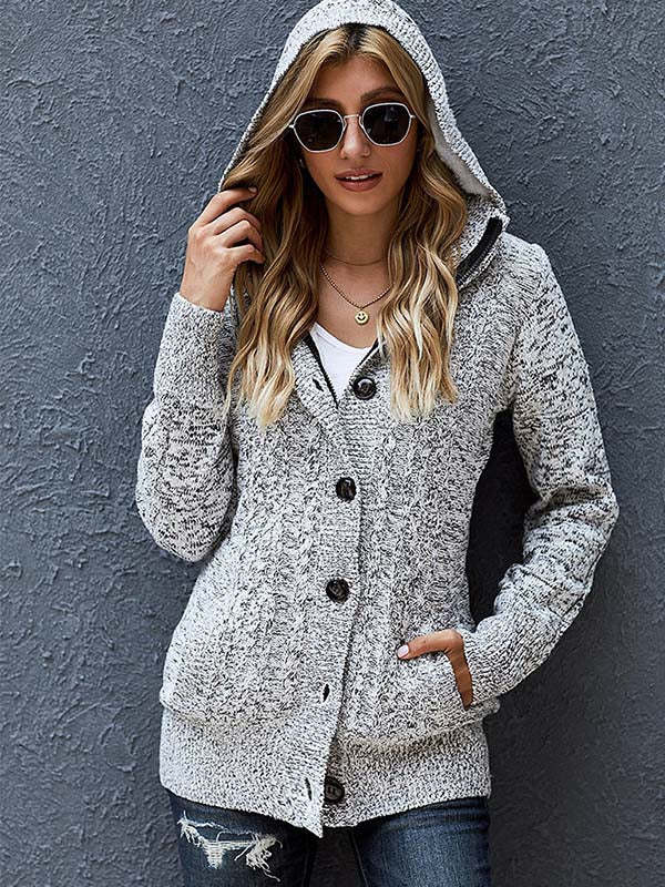 Button Front Speckled Hooded Plus Fleece Coat