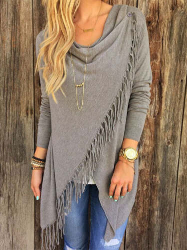 Solid Color Casual Fringe Long Sleeve Womens T-shirt