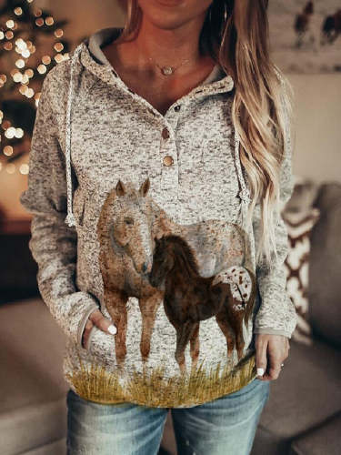 2 Horses Graphic Copper Button Womens Hoodie