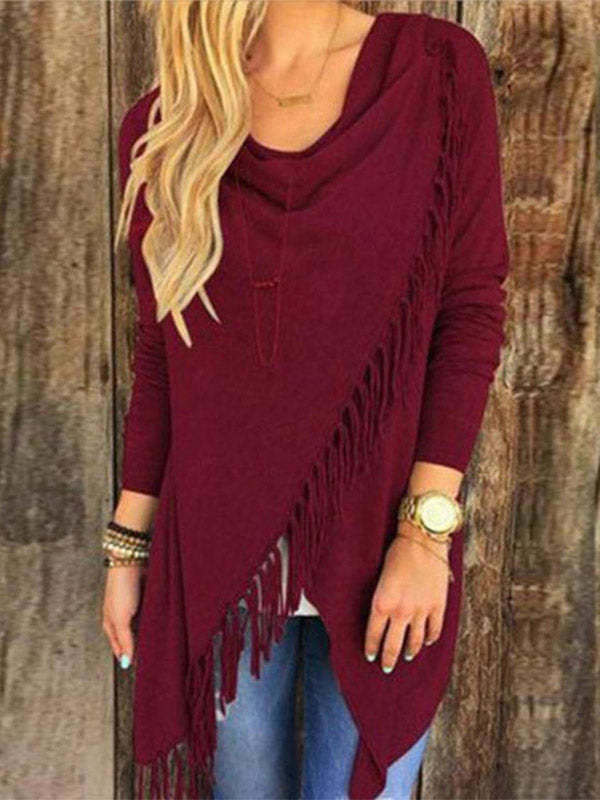 Solid Color Casual Fringe Long Sleeve Womens T-shirt