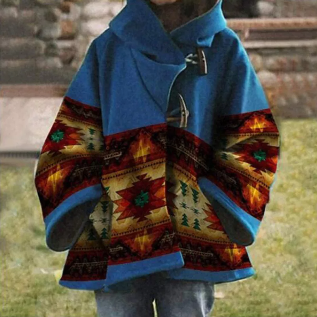 Aztec Blue Hooded Poncho Jecket Indian Aztec Printed Horn Button Coat