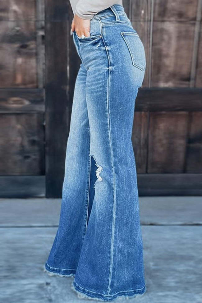 Street Solid Ripped High Waist Boot Cut Denim Jeans