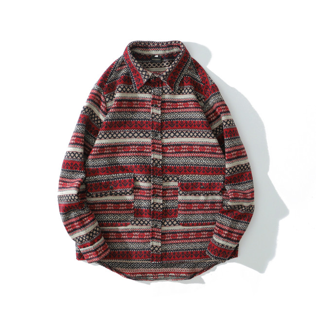 Woolen Ethnic Tribal Western Style Overshirt Men's Stripe Shirt Jacket