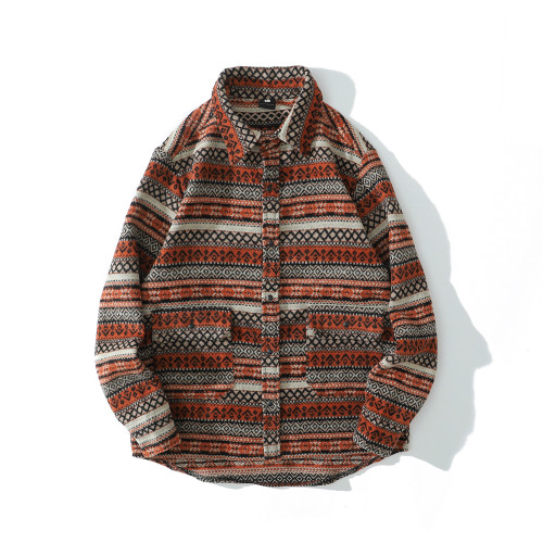 Woolen Ethnic Tribal Western Style Overshirt Men's Stripe Shirt Jacket