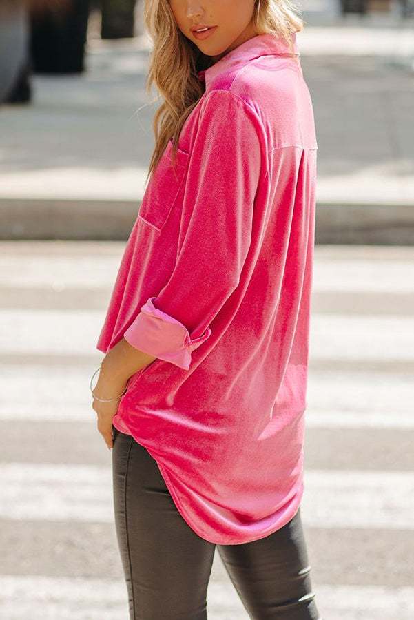 Women's Blouse Velvet Pockets Button Shirt Top
