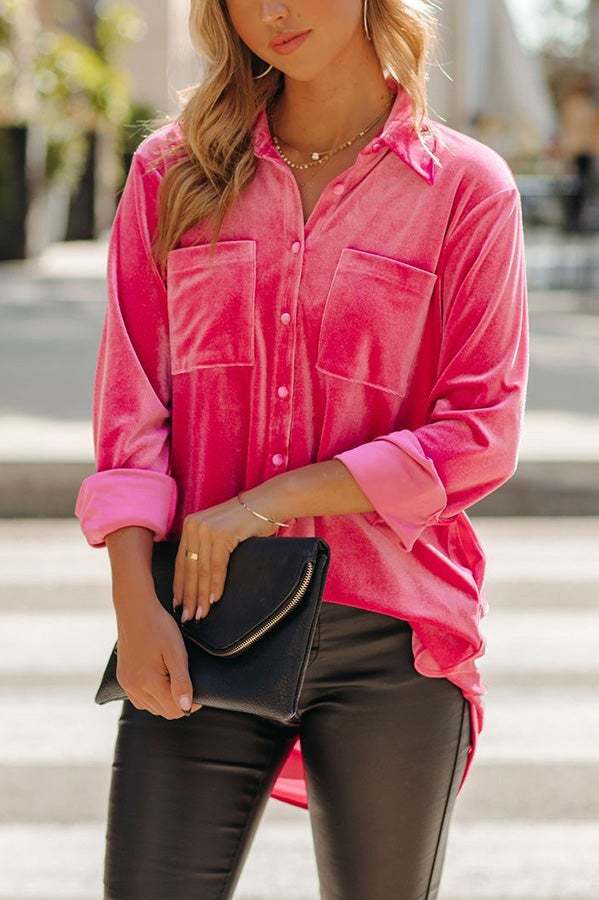 Women's Blouse Velvet Pockets Button Shirt Top