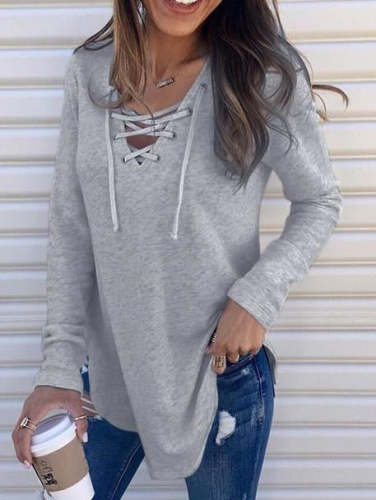 Womens V-Neck Lace Up Long Sleeve Loose Blouse