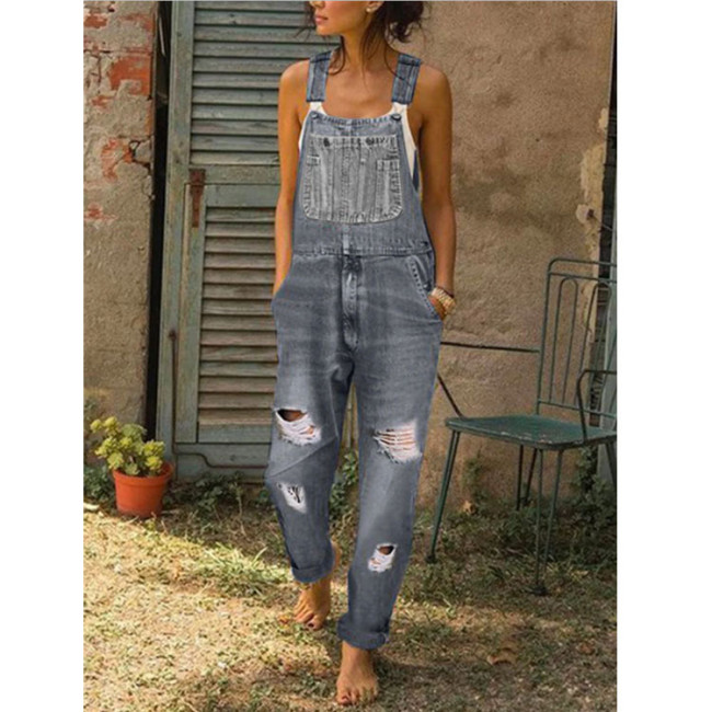 Casual Solid Ripped Slit Strap Sleeveless Regular Denim Jumpsuits with Front Pocket