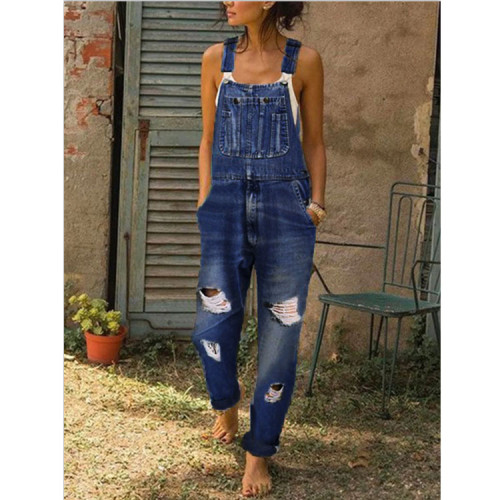 Casual Solid Ripped Slit Strap Sleeveless Regular Denim Jumpsuits with Front Pocket