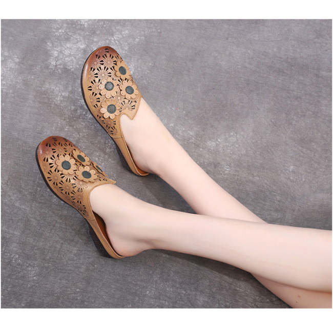 Flower Handmade Vintage Low Heel Soft Sole Sandals Spring Summer Shoes