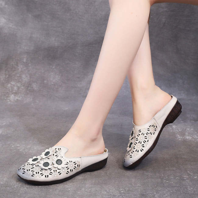 Flower Handmade Vintage Low Heel Soft Sole Sandals Spring Summer Shoes