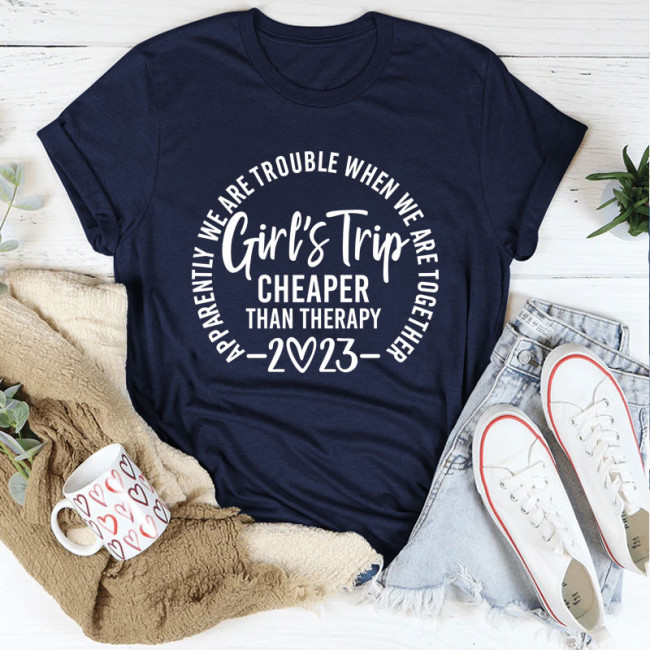 Women's Casual Printed Letter Girl's Trip Cheaper than Therapy 2023 Short Sleeve Shirts & Tops