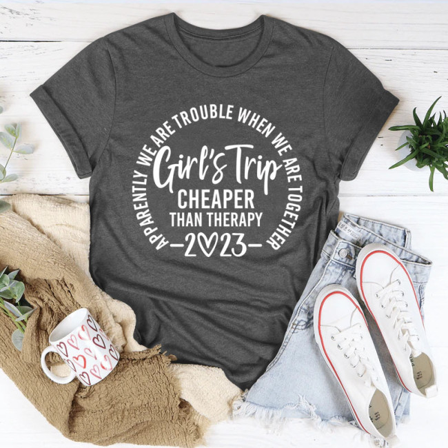 Women's Casual Printed Letter Girl's Trip Cheaper than Therapy 2023 Short Sleeve Shirts & Tops