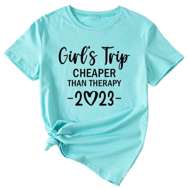 Women's Casual Printed Letter Girl's Trip 2023 Short Sleeve Shirts & Tops