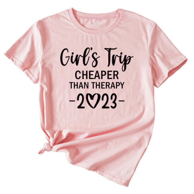 Women's Casual Printed Letter Girl's Trip 2023 Short Sleeve Shirts & Tops