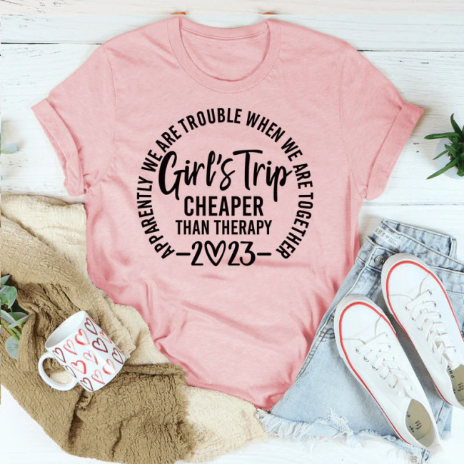 Women's Casual Printed Letter Girl's Trip Cheaper than Therapy 2023 Short Sleeve Shirts & Tops